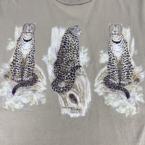 Vtg 90’s Leopard T Shirt Sz L Tan Single Stitch Catawbas Best Cotton 3 Big Cats - Picture 3 of 10
